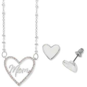 MACYS Cubic Zirconia Mom Heart Pendant Necklace and Mother-of-Pearl Earrings